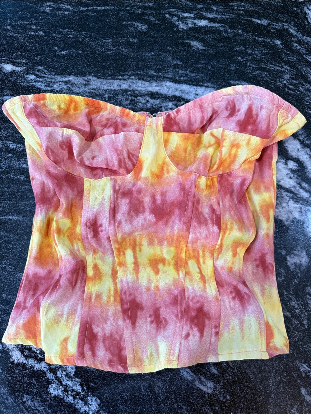 PrettyLittleThing Pink & Yellow Tie-Dye Strapless Bustier Top
